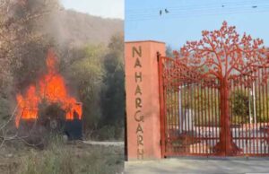 सफारी बस में लगी आग, नाहरगढ़ पार्क में लॉयन्स के बीच बची जान