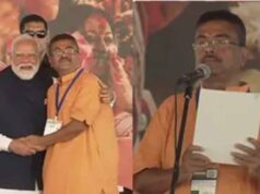 ब्रिगेड ग्राउंड में ऐतिहासिक शपथ समारोह, दुर्गा छवि और गेरुआ प्रतीकों से सजा मंच